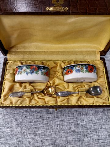 2 salières en porcelaine de Limoges et 2 petites cuillères en arg