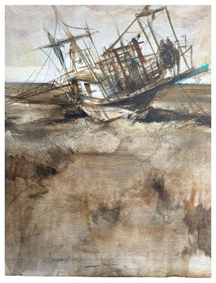 painting of a boat that is sitting on top of a beach