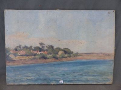 une image représentant un tableau où l'on voit une rivière avec une maison au loin