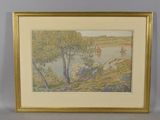 tableau représentant un voilier sur une rivière, avec des arbres au premier plan