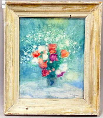 une peinture à l'huile représentant des fleurs dans un vase sur fond bleu
