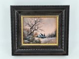 a painting of a snowy landscape with a house in the foreground