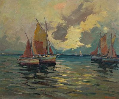 tableau représentant des voiliers en mer sous un ciel nuageux