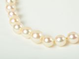 a close up of a white pearl necklace on a white surface