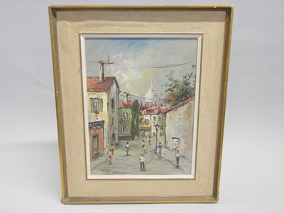 painting of a street scene in a frame on a white background