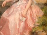 a painting of a young girl in a pink dress sitting on a rock