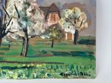 a painting of trees in a field with a house in the background