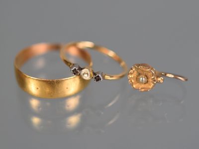 two gold rings sitting on top of a table