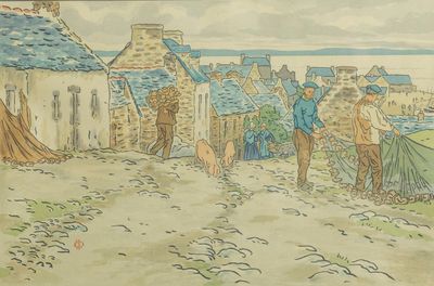 painting of a group of people standing around a tent in a village