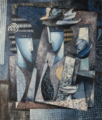 une peinture représentant une nature morte avec des vases bleus et d'autres objets