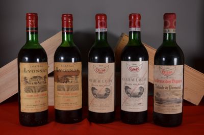 several bottles of wine are lined up on a red table