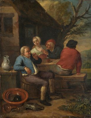 ECOLE FLAMANDE CIRCA 1700 Scène d'extérieur paysan: trois pa…
