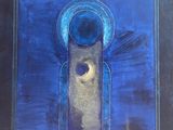 an image of a painting of a clock with a blue background