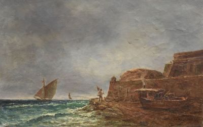 un tableau représentant un bateau sur l'eau près d'un château