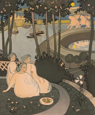 an image of a painting of a couple sitting on a bench in a park