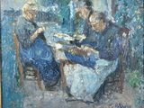 tableau représentant un groupe de personnes assises autour d'une table en train de manger
