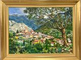 une peinture à l'huile représentant un village de montagne avec un arbre au premier plan