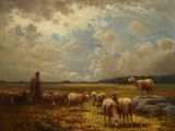 un tableau représentant un homme debout dans un champ avec un troupeau de moutons