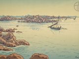 a painting of a boat in a body of water