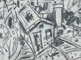 a black and white drawing of a house on a hill