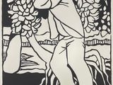 a black and white drawing of a man carrying a bunch of bananas