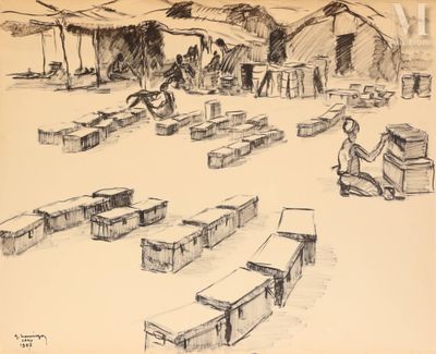 dessin représentant un homme assis sur un banc à côté d'un groupe de bancs