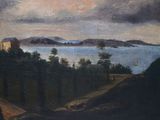 an oil painting of a view of a lake with a castle in the distance