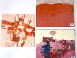 four paintings of different colors and shapes are displayed on a white surface