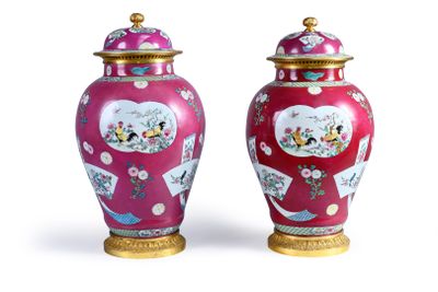 paire de vases chinois avec des oiseaux et des fleurs peints dessus