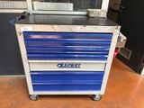 an image of a blue tool cabinet sitting on top of a hard wood floor