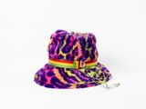a close up of a hat with a colorful tie on a white background