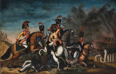 tableau représentant un groupe d'hommes à cheval devant un feu