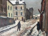painting of people walking down a snowy street with buildings in the background