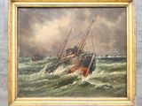 un tableau représentant un bateau sur l'eau, accroché au mur