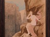 tableau représentant une femme assise sur un rocher, avec une montagne en arrière-plan