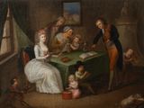 an image of a painting of a family sitting around a table