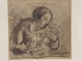 an old drawing of a woman holding a baby in her lap