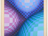 abstract painting of three blue and pink spheres on a checkered background
