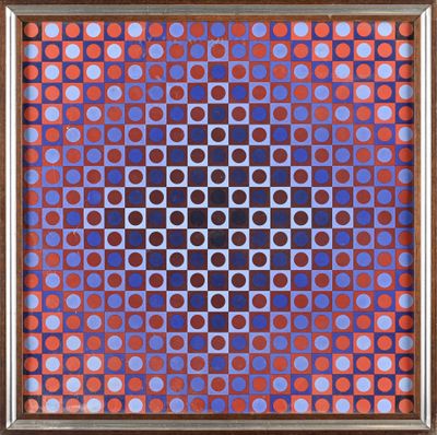 une peinture représentant un motif carré composé de cercles rouges, bleus et violets