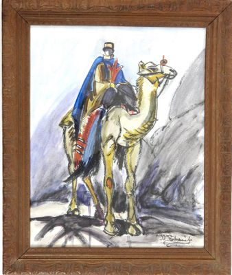 tableau représentant un homme à dos de chameau, vêtu d'une cape bleue