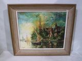 painting of a boat on a body of water with a castle in the background
