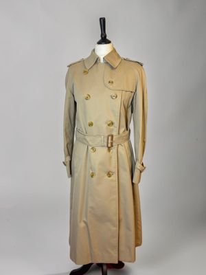 an image of a beige trench coat on a mannequin mannequin