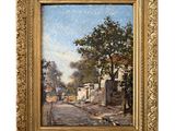 an oil painting of a street scene with houses and trees