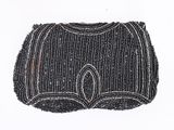 black beaded purse with silver trimmings on a white background