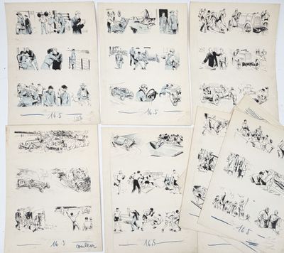une série de six dessins en noir et blanc représentant des personnes et des animaux