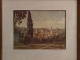 tableau représentant une vue d'une ville avec une église au loin