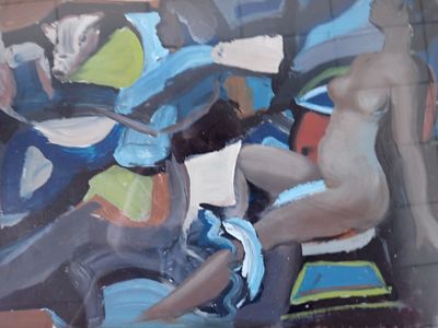 un tableau représentant une femme nue assise sur un canapé