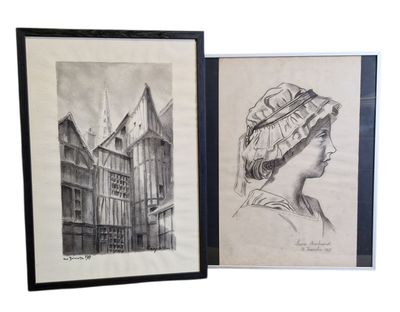 deux dessins encadrés représentant une femme coiffée d'un chapeau et un bâtiment