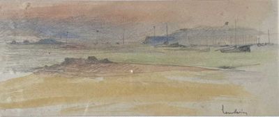 dessin représentant un tableau d'une plage avec des bateaux dans l'eau