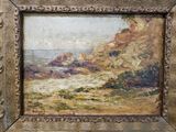 an old painting of a rocky beach with a wooden frame
